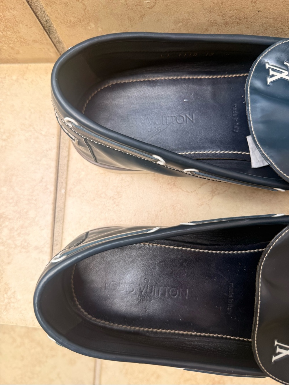 Louis Vuitton Men's Navy Blue Leather Moccasin Loafers with LV Hardware - Picture 5 of 10